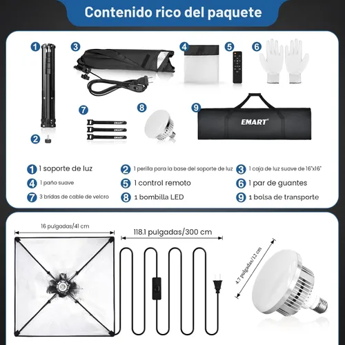 Vista 8 de EMART Kit de iluminación Softbox, softbox de 16 x 16 pulgadas, bombillas LED 3000K-6000K 85W con control remoto, trípode de 65 pulgadas, kit