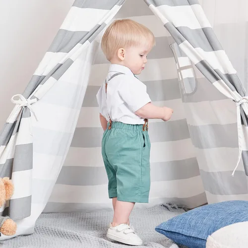 Vista 5 de Conjunto de traje de caballero de manga corta para bebé niño con corbatín + pantalones cortos con tirantes y pantalones cortos para bautizo festivo
