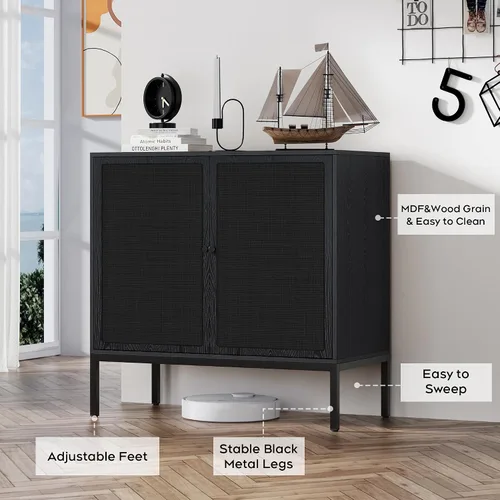 Vista 4 de Brafab Aparador negro con puertas decoradas de ratán natural, 31.5 pulgadas de ancho, armario de almacenamiento de ratán Credenza, gabinete bohemio