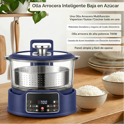 Vista 5 de Arrocera baja en azúcar 3L – Cocina multifuncional de arroz baja en carbohidratos r con cesta de elevación automática, preajuste y temporizador Azul