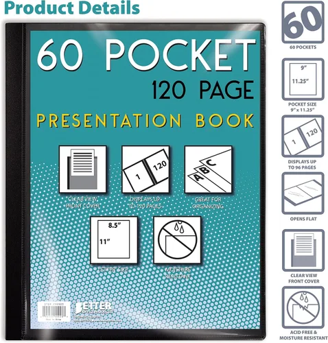 Vista 3 de Better Office Products Libro de presentación negro con 60 bolsillos, con cubierta frontal transparente, 120 páginas protectoras de hojas, hojas