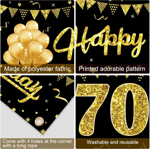 Vista 7 de Cartel de feliz cumpleaños 70 para mujeres y hombres, suministros de fiesta de cumpleaños de 70 años de color negro y dorado, divertido tema de 70