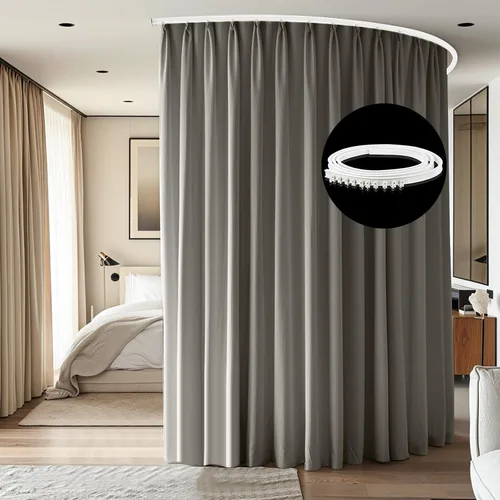 Vista 17 de Divisor de habitación con rieles para cortinas montadas en el techo, juego extra ancho de cortinas opacas con rieles flexibles para dormitorio