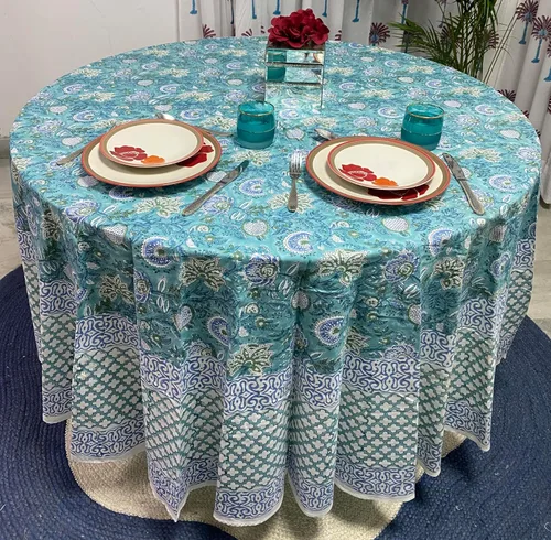 Vista 40 de Mantel redondo con estampado de bloque a mano, 100% algodón, reutilizable, turquesa, verde musgo, 90 pulgadas, mantel decorativo para uso diario