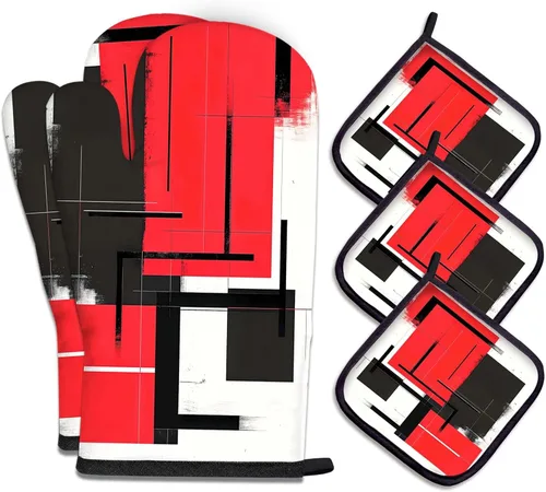 Vista 9 de MCALK Juego de 5 manoplas de horno y soportes para ollas, guantes abstractos para horno y almohadillas calientes para cocina de cocina, manoplas