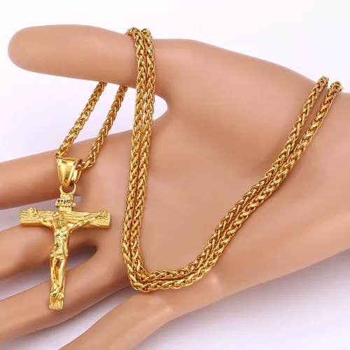 Vista 3 de U7 Men Crucifix Cross Pendant with Chain Baptism Christian Jewelry Stainless Steel18K Gold Antique Jesus Necklace Gift PackedLength 22