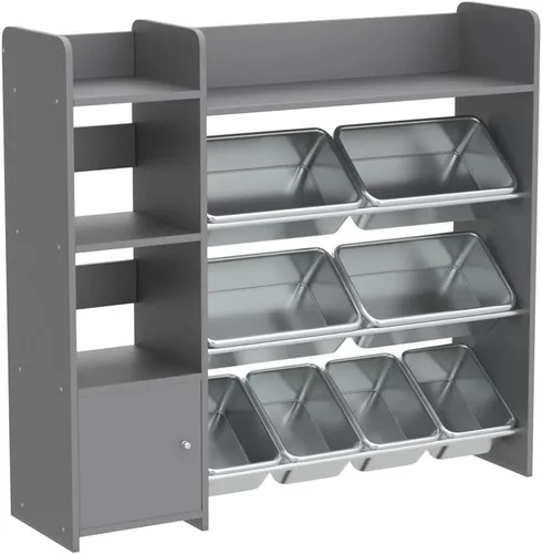 Vista 5 de Sturdis Organizador de almacenamiento de juguetes con estantería, estantería de organización de sala de juegos para niños con contenedores de Gris