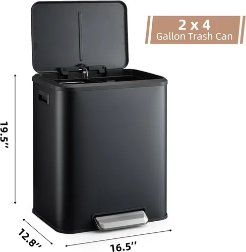Vista 2 de GlowSol Black Kitchen - Cubo de basura de doble paso y cubo de reciclaje con tapa de cierre suave, cubo de basura sin contacto con pedal y cubo