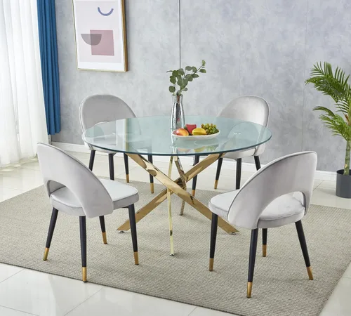 Vista 4 de Juego de mesa de comedor de cristal de lujo de 36 pulgadas para 2, mesa de comedor redonda moderna de 3 piezas con 2 sillas de comedor de cuero