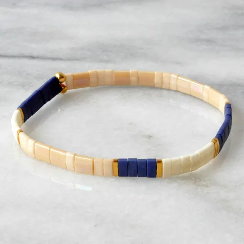 Vista 3 de Navy Blue and Beige Nautical 7 inch Tile Beaded Stretch Bracelet with Cream and Gold Tila Beads