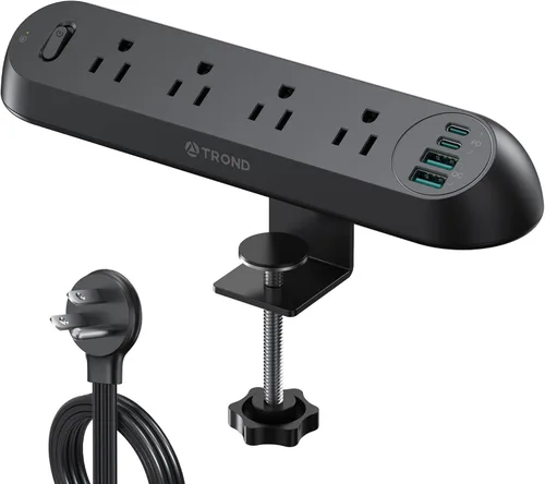 Vista 10 de TROND Regleta de alimentación con abrazadera de escritorio USB C PD 20 W, protector de sobretensiones con 4 salidas de CA, 4 puertos USB, cable
