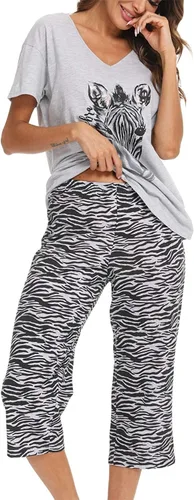 Vista 3 de Conjunto de pijama de algodón para mujer, camiseta de manga corta con pantalones capri, ropa de descanso