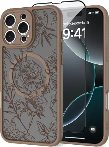 Vista 19 de OOK Funda magnética para iPhone 13 Pro Max [compatible con MagSafe] Funda delgada translúcida mate con flor silvestre negra, protección para lente