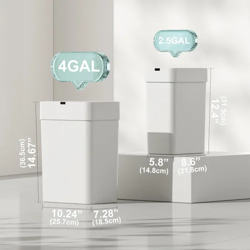Vista 2 de ELPHECO Basurero de baño con tapa, paquete de 2 botes de basura automáticos, 2.5 galones + 4 galones con sensor de movimiento inteligente