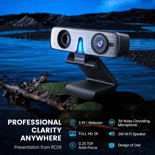 Vista 8 de RC08 - Cámara web 2K con altavoz, cámara web para PC, cámara web HD con micrófono de reducción de ruido/altavoz Harman/4X Eptz/cubierta