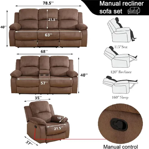 Vista 2 de Juego de sofá reclinable manual, juego de sofá reclinable de microfibra, moderno juego de muebles de sala de estar, sillón reclinable para sala