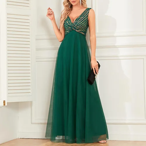Vista 8 de Vestido bohemio para mujer, Brillante, Vestidos Fiesta cóctel, lentejuelas, fluido, largo, midi, cintura fruncida