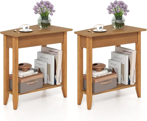 Vista 11 de GOFLAME Mesa auxiliar de cuña de 2 niveles, mesa auxiliar triangular estrecha con estante de almacenamiento, patas de madera maciza, mesita