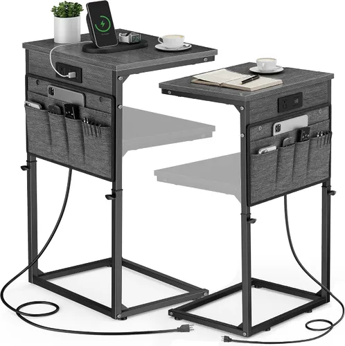 Vista 18 de Vagusicc - Mesa auxiliar en forma de C con estación de carga, mesa lateral de altura ajustable para sofá, mesa pequeña para sofá con laptop