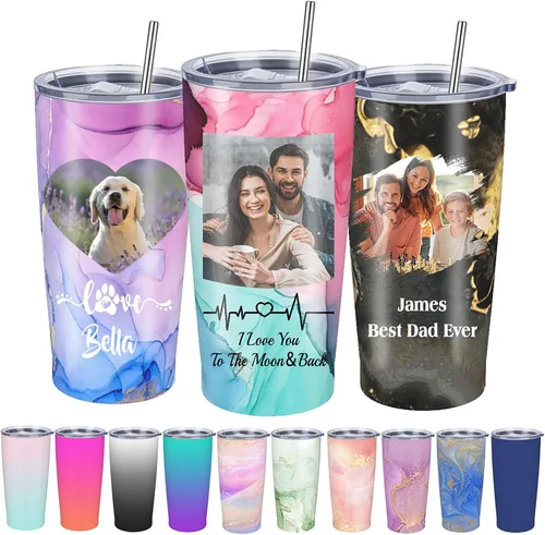 Vista 8 de Vaso personalizado con imagen personalizada con tapa de nombres de fotos y pajita, vasos delgados personalizados para mujeres y hombres, Navidad