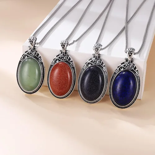 Vista 4 de VIJASHOP Collar ovalado de piedras preciosas de acero inoxidable, colgante vintage, piedras semipreciosas, regalo de joyería para mujeres y niñas
