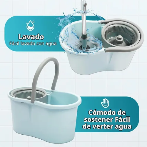 Vista 3 de Juego de trapeador giratorio y cubo con escurridor, juego de cubo giratorio operable de 360° con 3 cabezales de repuesto de microfibra, mango