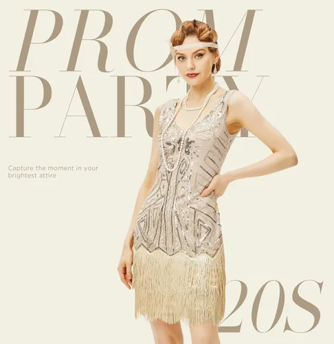 Vista 4 de BABEYOND Conjunto de vestidos flapper para mujer, con cuello en V de los años 20, con flecos y flecos, con accesorios
