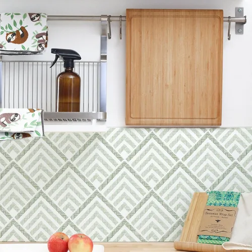 Vista 5 de Cohoo Home Papel tapiz geométrico verde y blanco para despegar y pegar, papel adhesivo para armarios y cajones, papel adhesivo bohemio verde