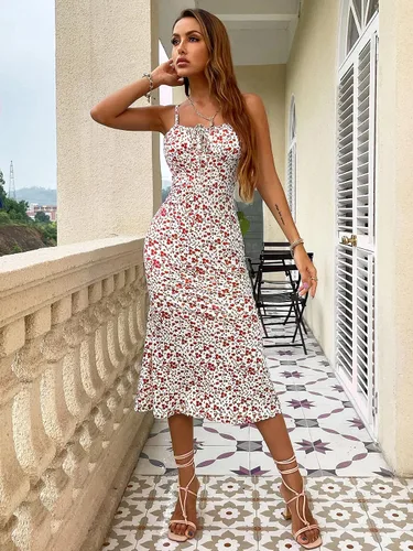 Vista 5 de Floerns Vestido midi sin mangas con estampado floral y cordón frontal para mujer