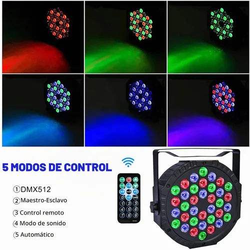 Vista 2 de Luces de escenario 36 LED Luces Par RGB Iluminación de escenario Luces ascendentes 7 modos Luz DJ Activación de sonido Control con control remoto