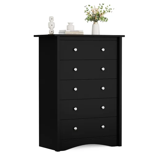 Vista 9 de Flamaker Cómoda alta para dormitorio, cómoda de madera con 5 cajones, color Negro