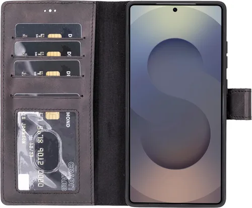 Vista 32 de HARDISTON Funda tipo cartera compatible con Samsung Galaxy S21, hecha a mano, de piel auténtica, cubierta magnética desmontable tipo flip con Negro