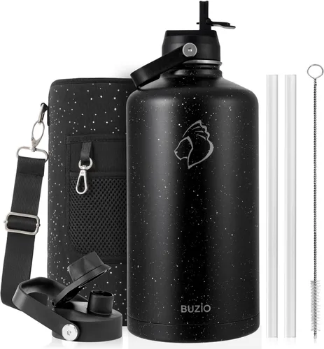 Vista 108 de BUZIO Botella de agua aislada de 24 oz, frasco de agua de boca ancha de acero inoxidable con tapa de pajita, frío durante 48 horas a prueba de Negro