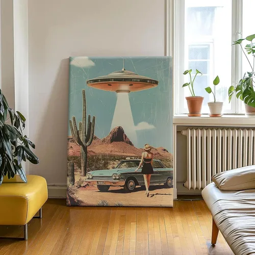 Vista 2 de Lienzo de paisaje del desierto para pared, póster de platillo volador, imagen retro de los años 70, estilo de los años 70, arte de pared vintage