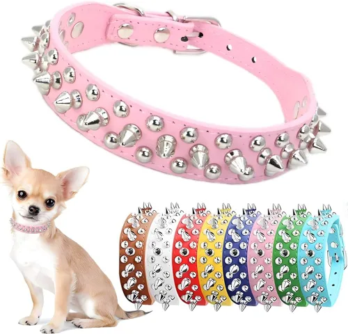 Vista 7 de Collar de perro con púas para perros pequeños, a prueba de masticación, collar de púas para perros y gatos, de piel sintética, con remaches