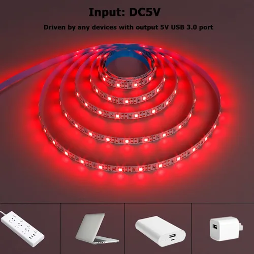 Vista 2 de Tira de luz LED roja USB 620-625nm 5V alimentada por USB, 13.12 pies/4M, 240 LED, flexible, SMD2835, de alto brillo, sin impermeabilidad, IP20