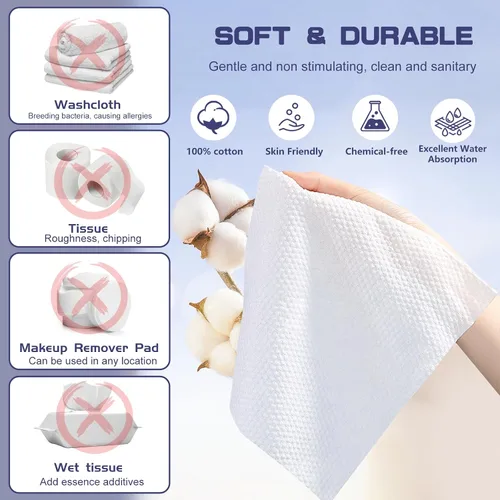 Vista 4 de Toalla facial desechable, 100 toallas faciales para lavar toallitas secas de algodón suave, toallas faciales para lavado y secado, tejido facial