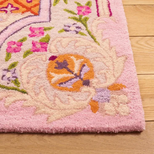 Vista 3 de SAFAVIEH Bellagio Collection - Alfombra decorativa de 2 x 3 pies, azul y rosa, hecha a mano de lana de medallón, ideal para zonas de alto tráfico