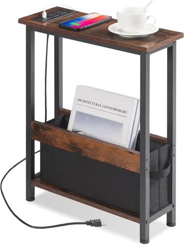 Vista 9 de BAMGROW Mesa auxiliar de carga delgada con almacenamiento, para espacios pequeños y dormitorio (negro)