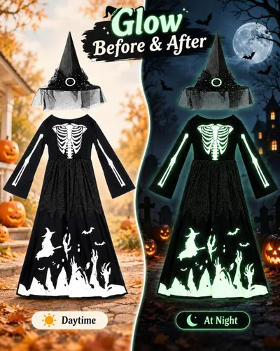 Vista 3 de Baluue Vestido de Halloween que brilla en la oscuridad, disfraz de bruja