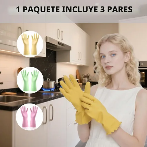 Vista 2 de KINGFINGER 3 Pairs PVC Kitchen Gloves, Colorful Reusable Dish Gloves for Cleaning Bathroom, Cute Dishwashing Glove