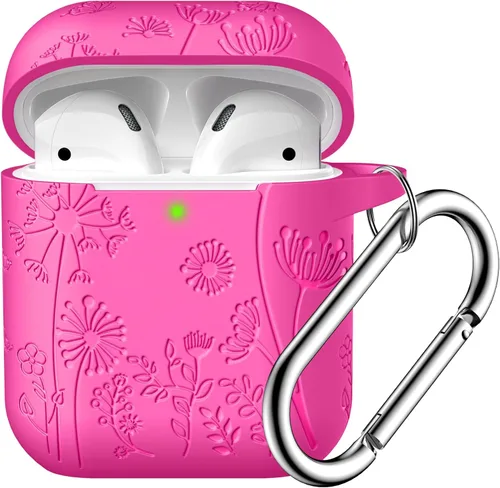 Vista 9 de Lerobo - Funda con grabado de flores para carcasa de AirPod, protector de silicona suave y elegante con llavero compatible con carcasa de carga