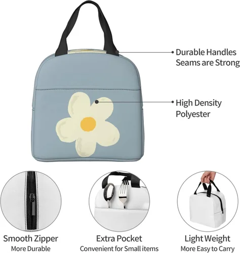 Vista 6 de Lonchera Kawaii con diseño de margaritas azules para mujeres y hombres, bonita lonchera aislada con bolsillo frontal para el trabajo, picnic y viajes