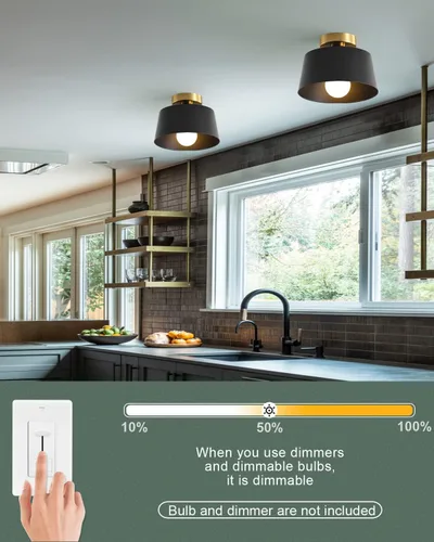 Vista 5 de Lámpara de Techo Moderna Semi Empotrada con Placa Dorada y Pantalla Negra Mate, Lámpara de Techo Estilo Granja para Isla de Cocina Comedor Vestíbulo
