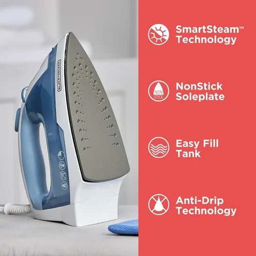 Vista 2 de BLACK+DECKER Plancha Compacta Easy Steam para Ropa, Apagado Automático, Placa Antiadherente, Ligera, 1200 Vatios (Paquete de 4)