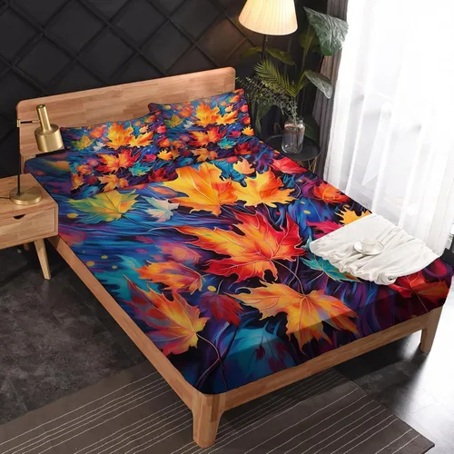 Vista 2 de Sábanas de hojas de otoño tamaño individual – Sábanas de cama de hoja de arce de otoño, microfibra suave, bolsillo profundo, sábanas y fundas