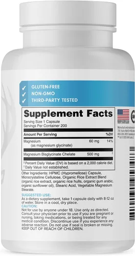Vista 3 de Bucked Up Glicinato de magnesio 500 mg Bisglicinato de magnesio quelado Sin gluten OGM probado por terceros Apoyo mineral diario