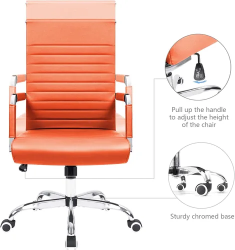 Vista 4 de KaiMeng Escritorio de oficina acanalado con respaldo medio, silla de computadora, altura ajustable, para tareas ejecutivas, giratoria, piel Naranja