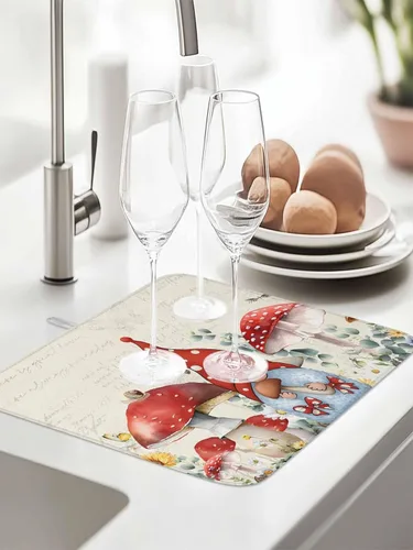 Vista 5 de Tapete de secado de platos de hongos para encimera de cocina, gnomos rojos, tapete de cocina de primavera, almohadilla de secado de microfibra