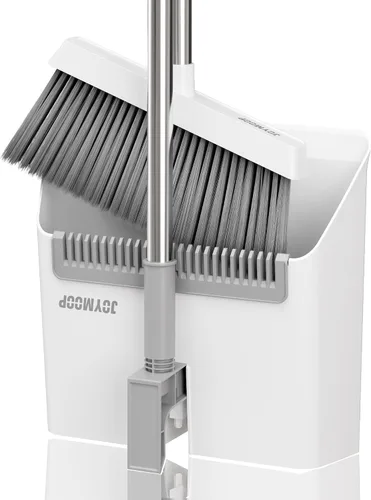 Vista 10 de JOYMOOP Juego de escoba y recogedor negro, diseño de ángulo vertical con dientes de peine integrados para el hogar, oficina, suelos de madera dura